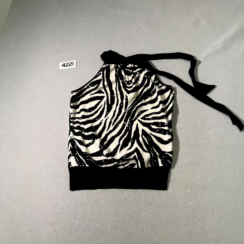 Heart Soul Halter Top Womens Medium Black White Stretch Zebra Print Sequin